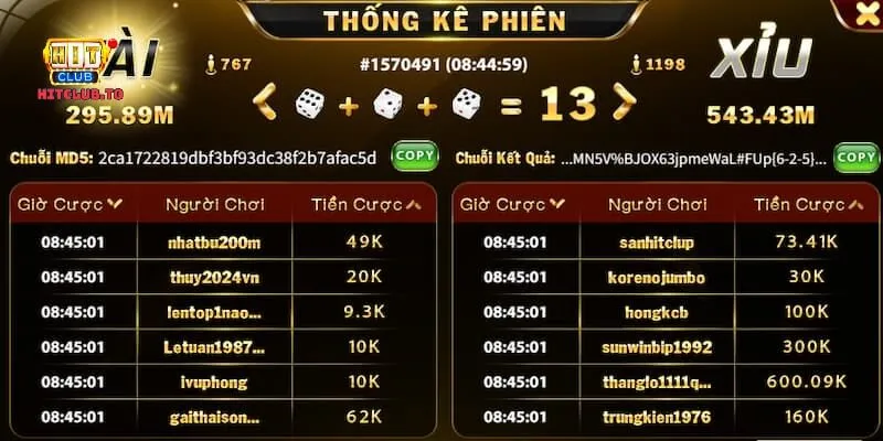 Tài Xỉu MD5 Hit Club Các cửa cược có trong game